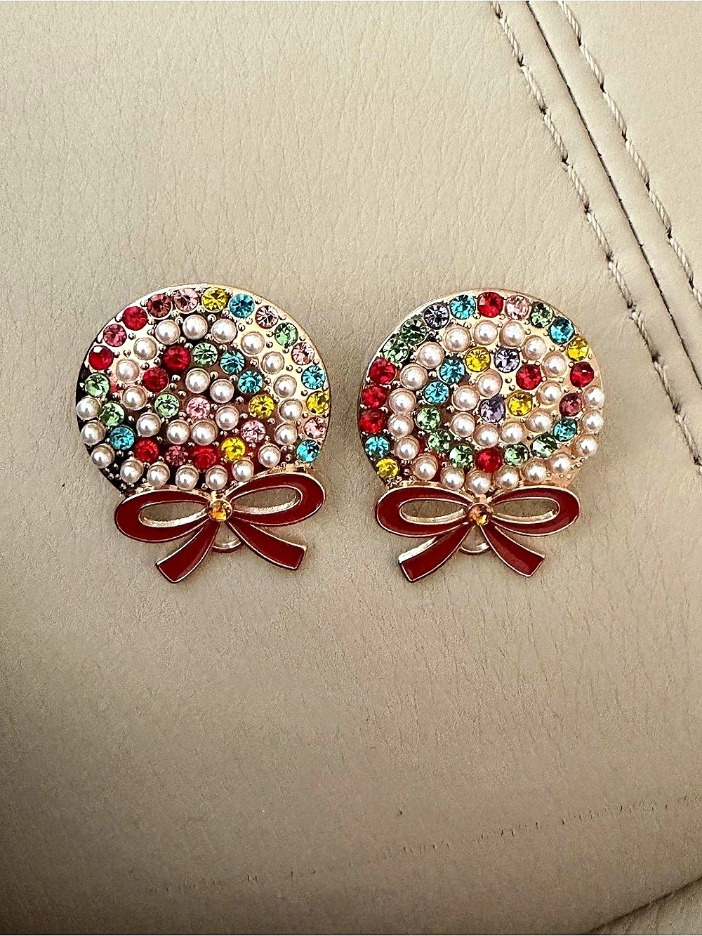 Multicolor Rhinestone Christmas Bow Earrings
